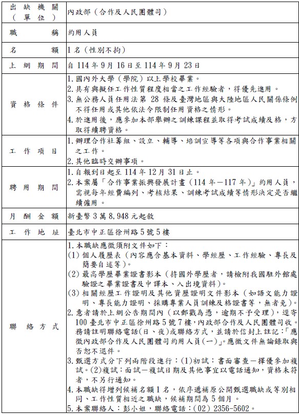 約用人員(一)公告