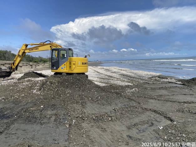 為防止惡臭飄入社區，台江處緊急動工移除海漂牡蠣。