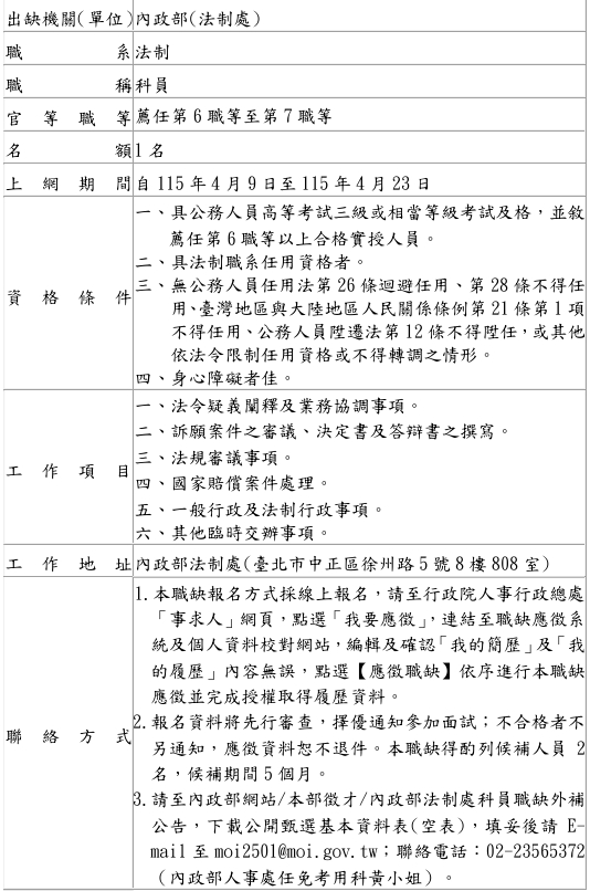 內政部職缺公告表