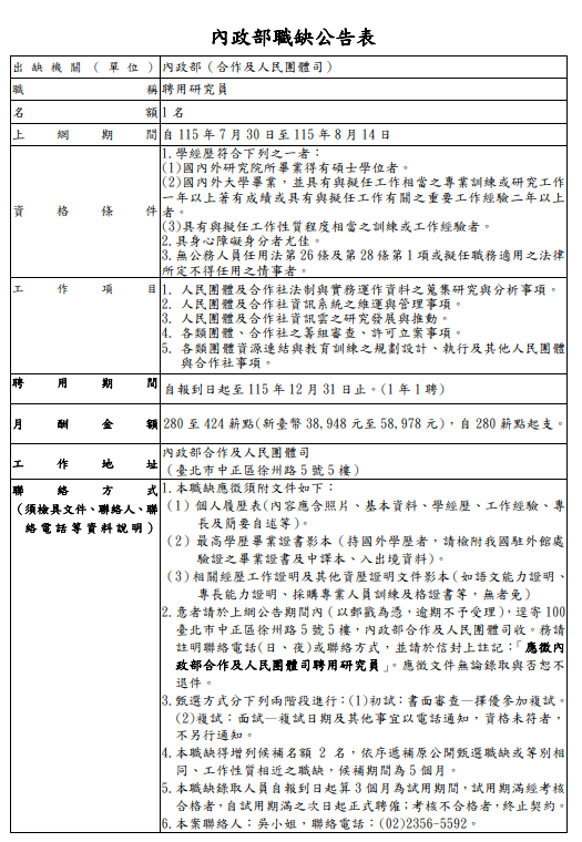 職缺公告表-聘用研究員