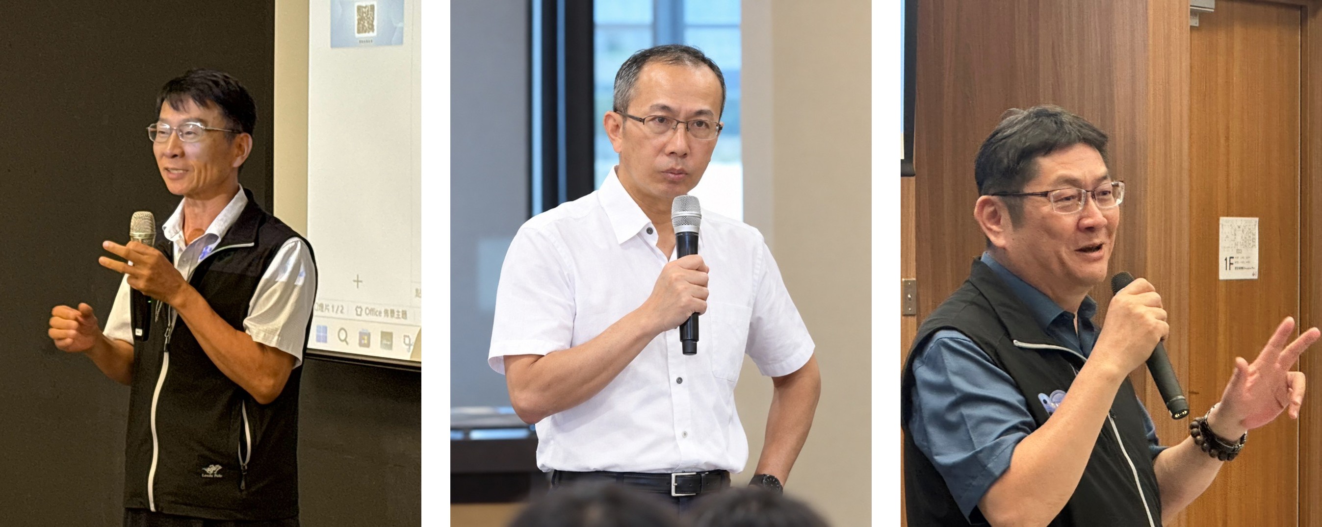 本中心鄭主任彩堂(中部場)、蔡副主任季欣（北部場）及王簡任技正敏雄（南部場）開幕致詞(由左至右依序)