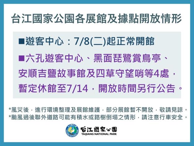 台江國家公園各展館及據點開放情形