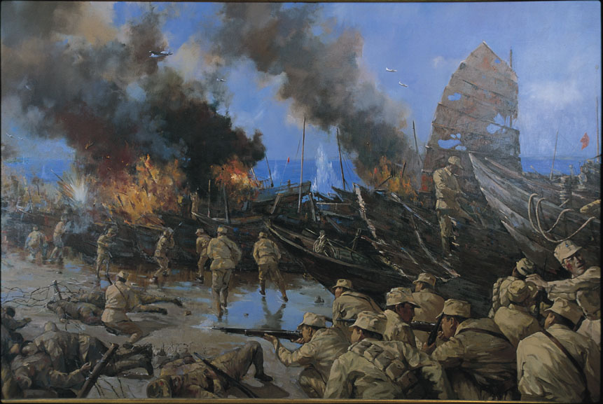 古寧頭戰史館油畫13幅油畫之一-火燒船隻/攝影:廖東坤。