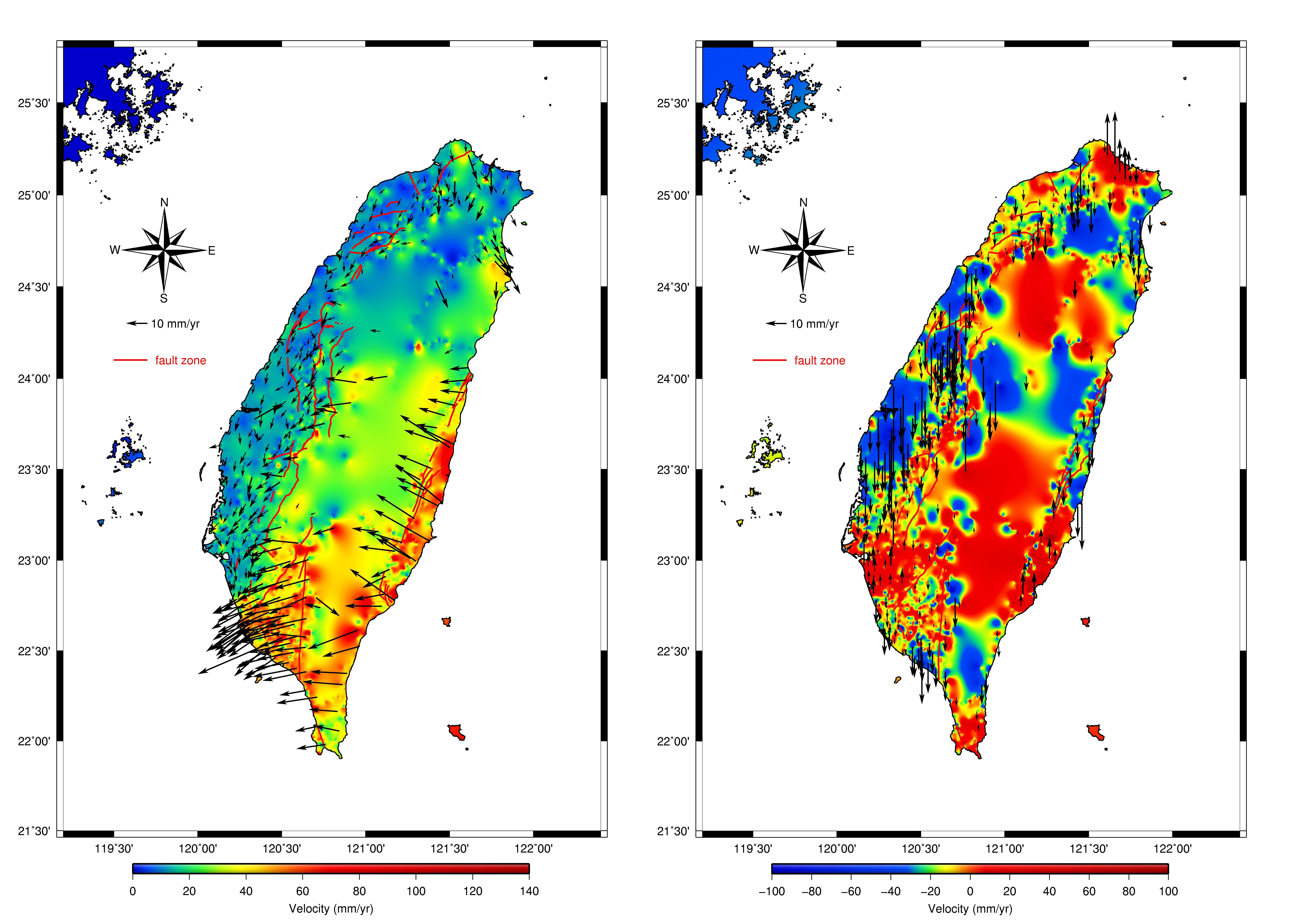 Velocity field deformation diagram of Taiwan along horizontal and vertical direction