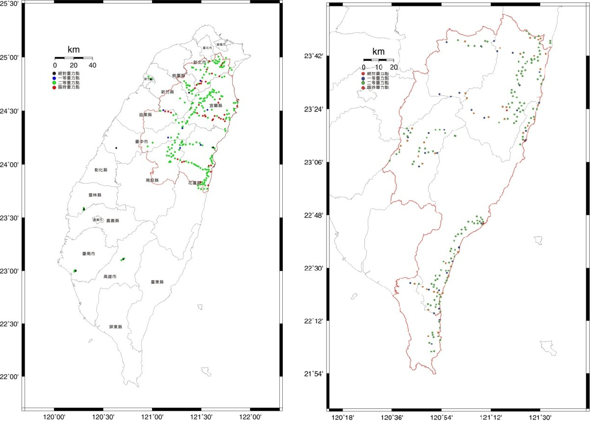Gravity points distributions in Hualien,Taitung, and mountain areas(Left) 2011, (Right) 2012