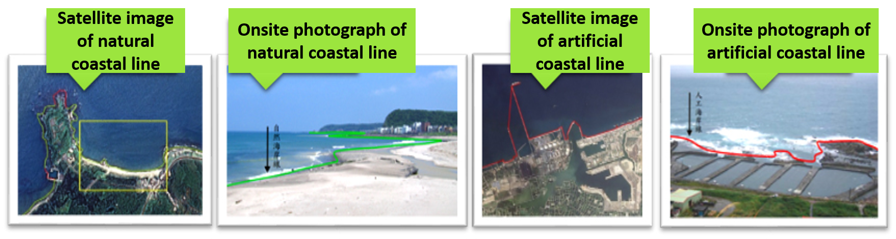 Comparison among multi-temporal satellite images and onsite photographs of artificial and natural coastal lines