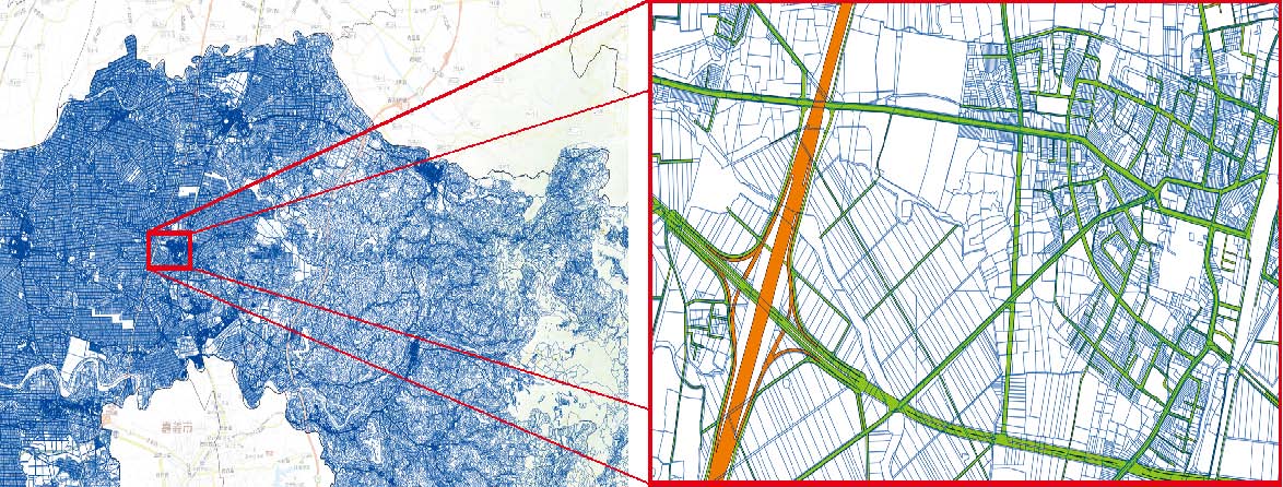 * 地籍圖資料接合對位加值作業成果套疊臺灣通用電子地圖道路圖層