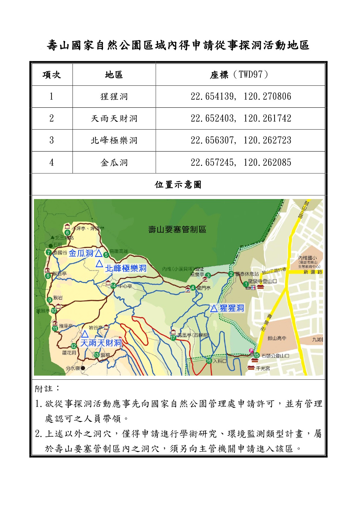 公告壽山國家自然公園區域內指定得騎乘自行車、申請探洞活動、申請從事攀岩活動等3項活動地區-4