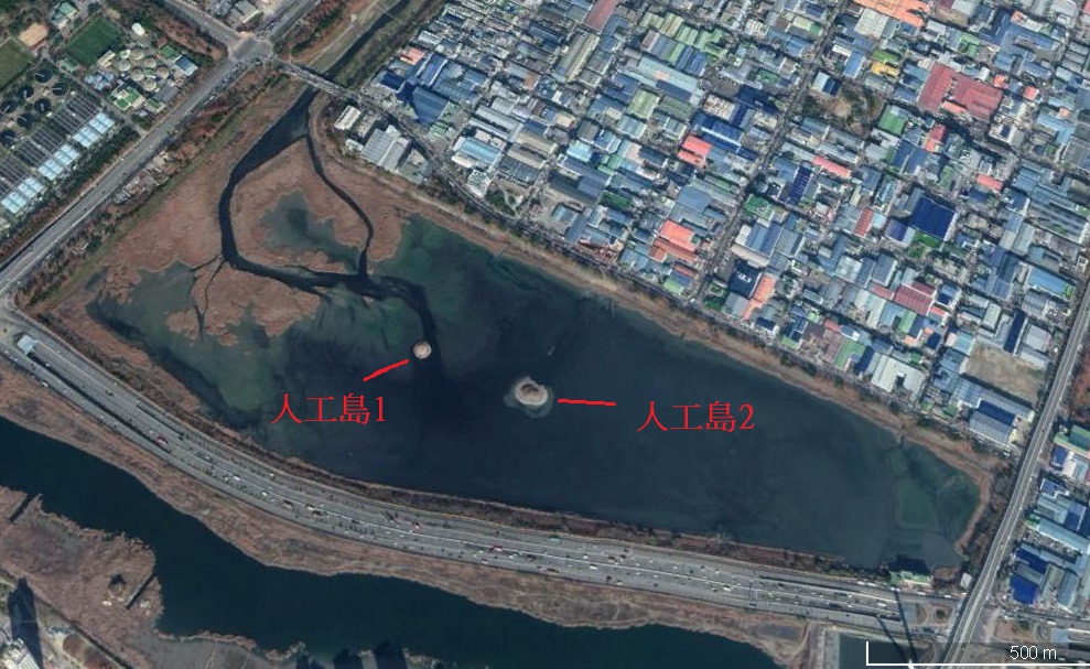 韓國仁川市南東工業區蓄水池中的人工島