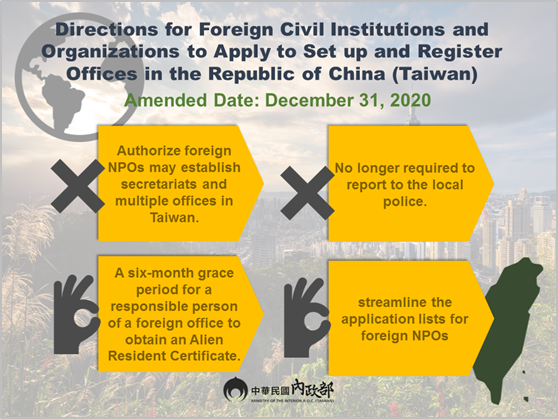 Ministry of the Interior Streamlines Application Process for Foreign Nonprofit Organizations to Set up Offices in Taiwan